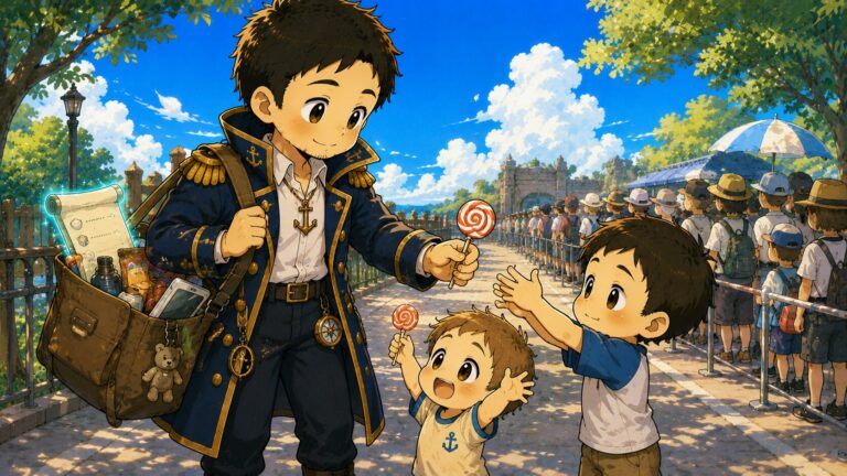 炎天下の列でぺろぺろキャンディを子どもたちに渡すパパのイラスト